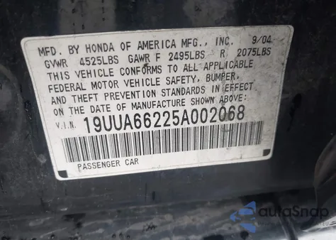 2005 Acura Tl from USA, damaged, VIN 19UUA66225A002068